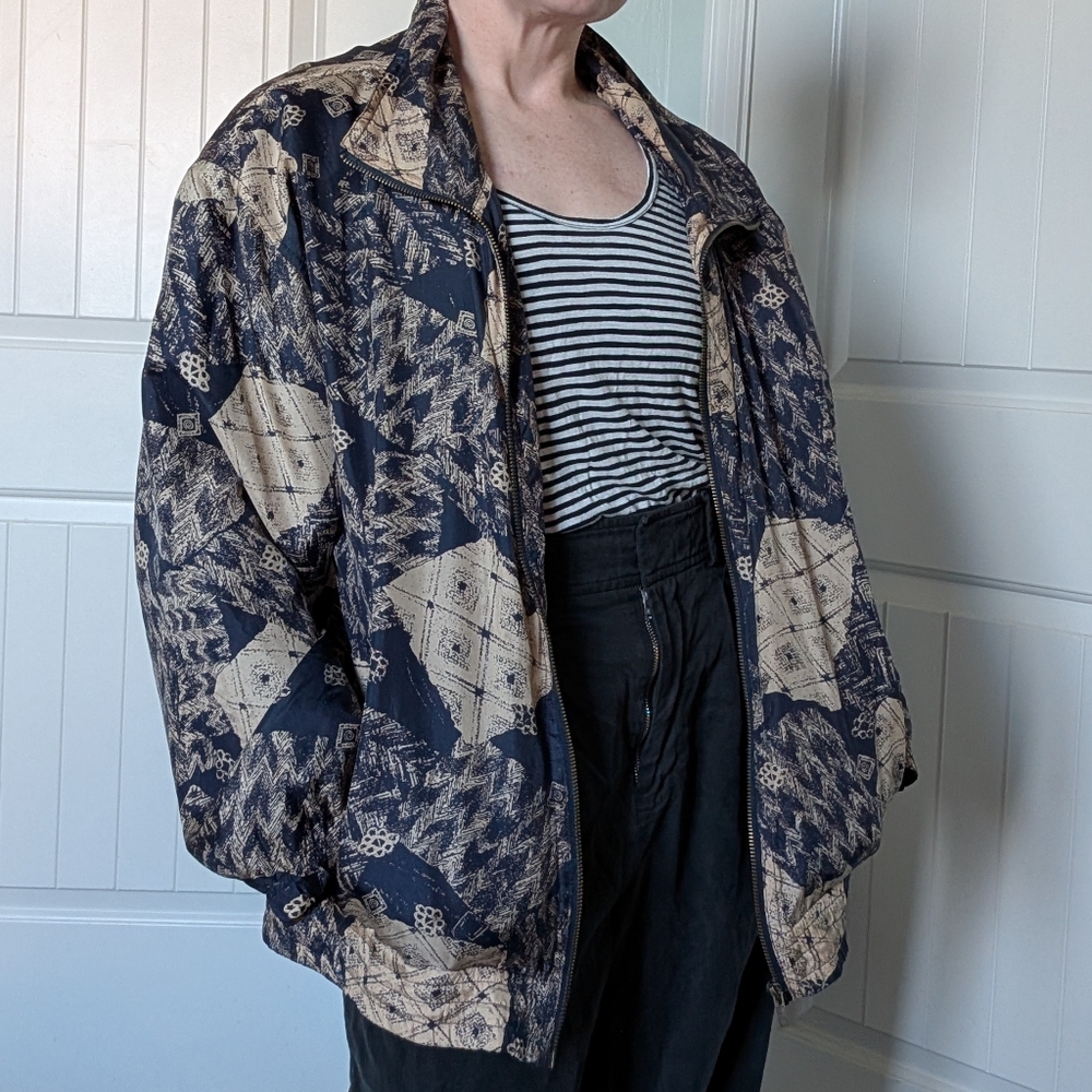 Vintage EVR Silk Zip Up Jacket Geometric Patterned Medium Blue/Off White
